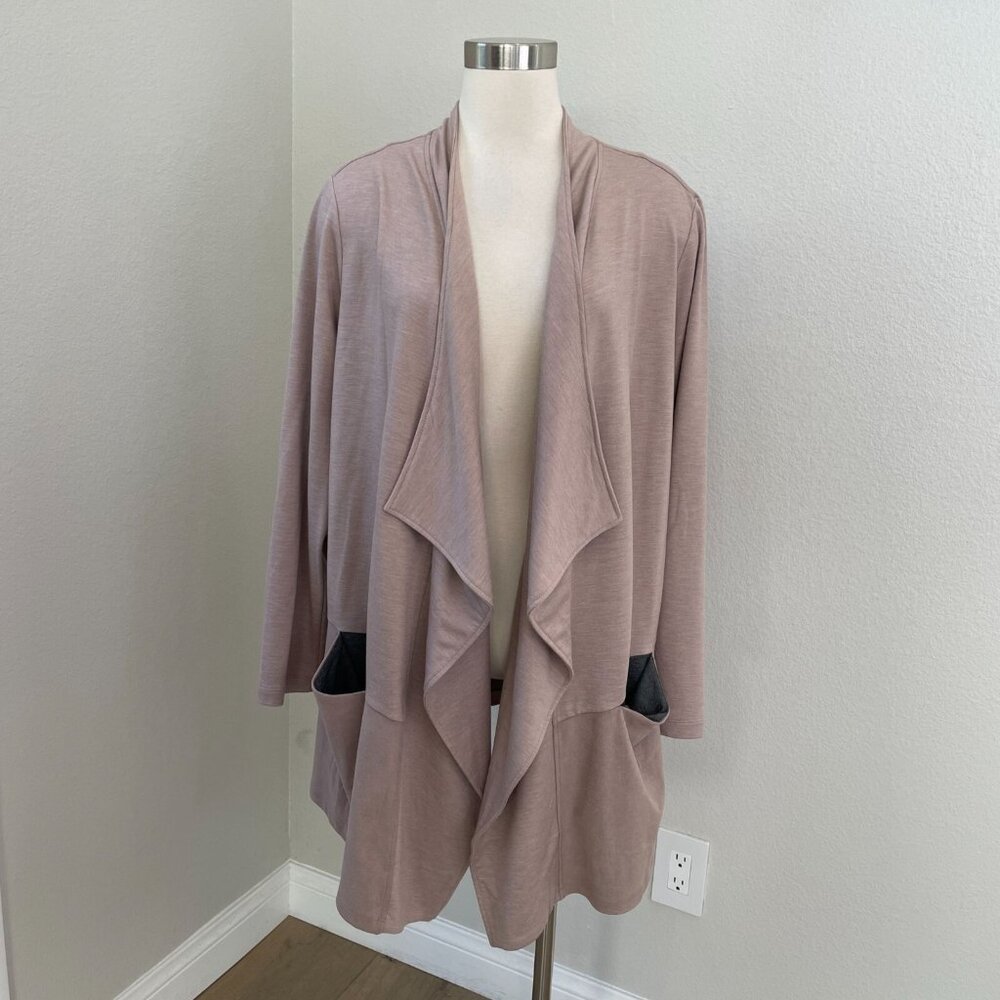 Logo Lounge Womens Plus 1X Waterfall French Terry Cardigan‎ Taupe Pockets